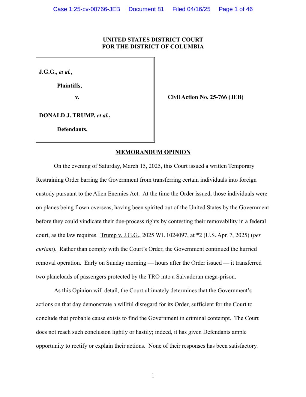 Screenshot of ECF 81 probable-cause contempt opinion excerpt
