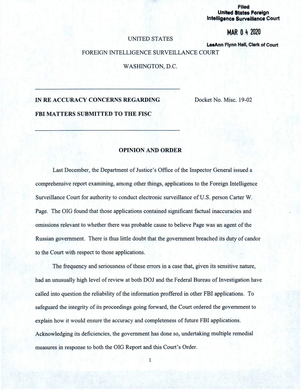 Screenshot of FISC Misc. 19-02 Opinion and Order excerpt, March 4, 2020